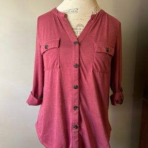 Cato brand, size small, mauve. T shirt material. 3/4 tab sleeve Button front.